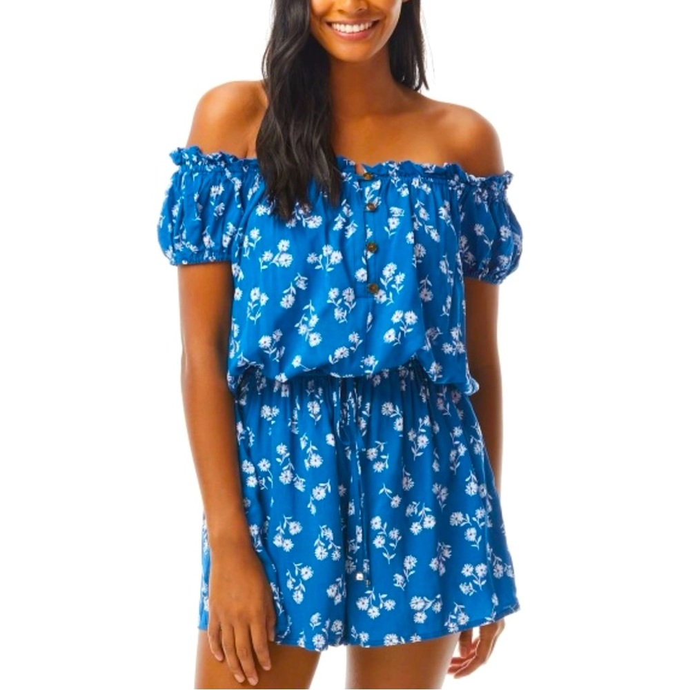 Kate Spade Floral Puff Off Shoulder Ruffle Relaxed Fit Beach Casual Romper, S